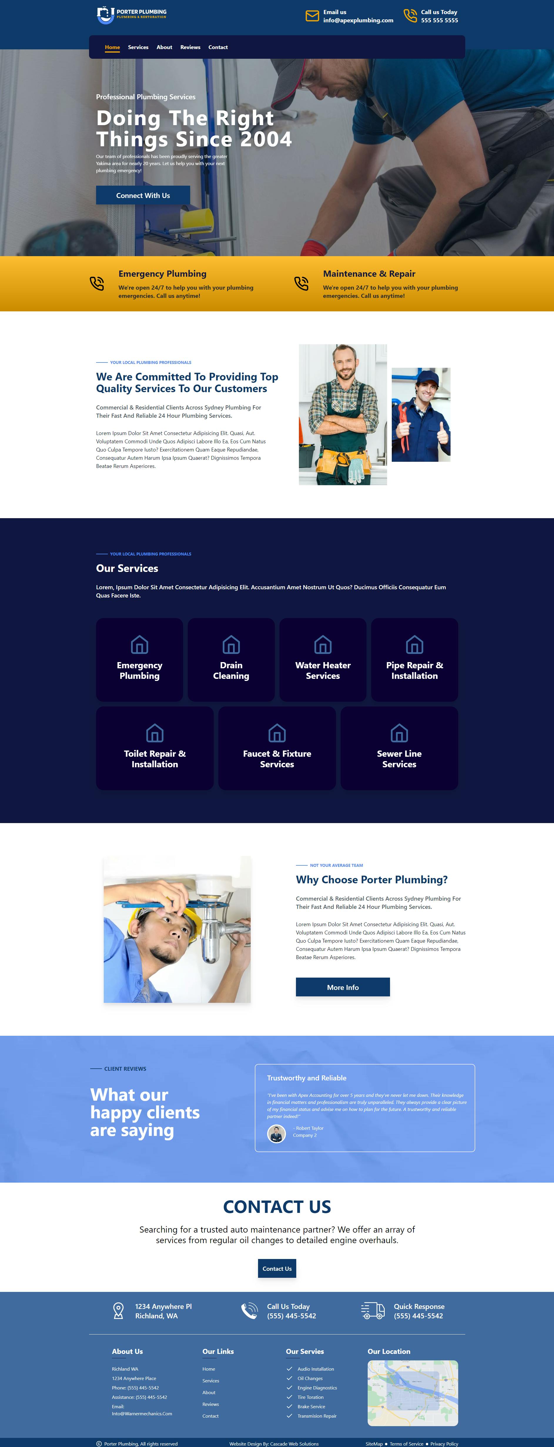 Screenshot of a plumber website, a web development project made by Cascade Web Solutions