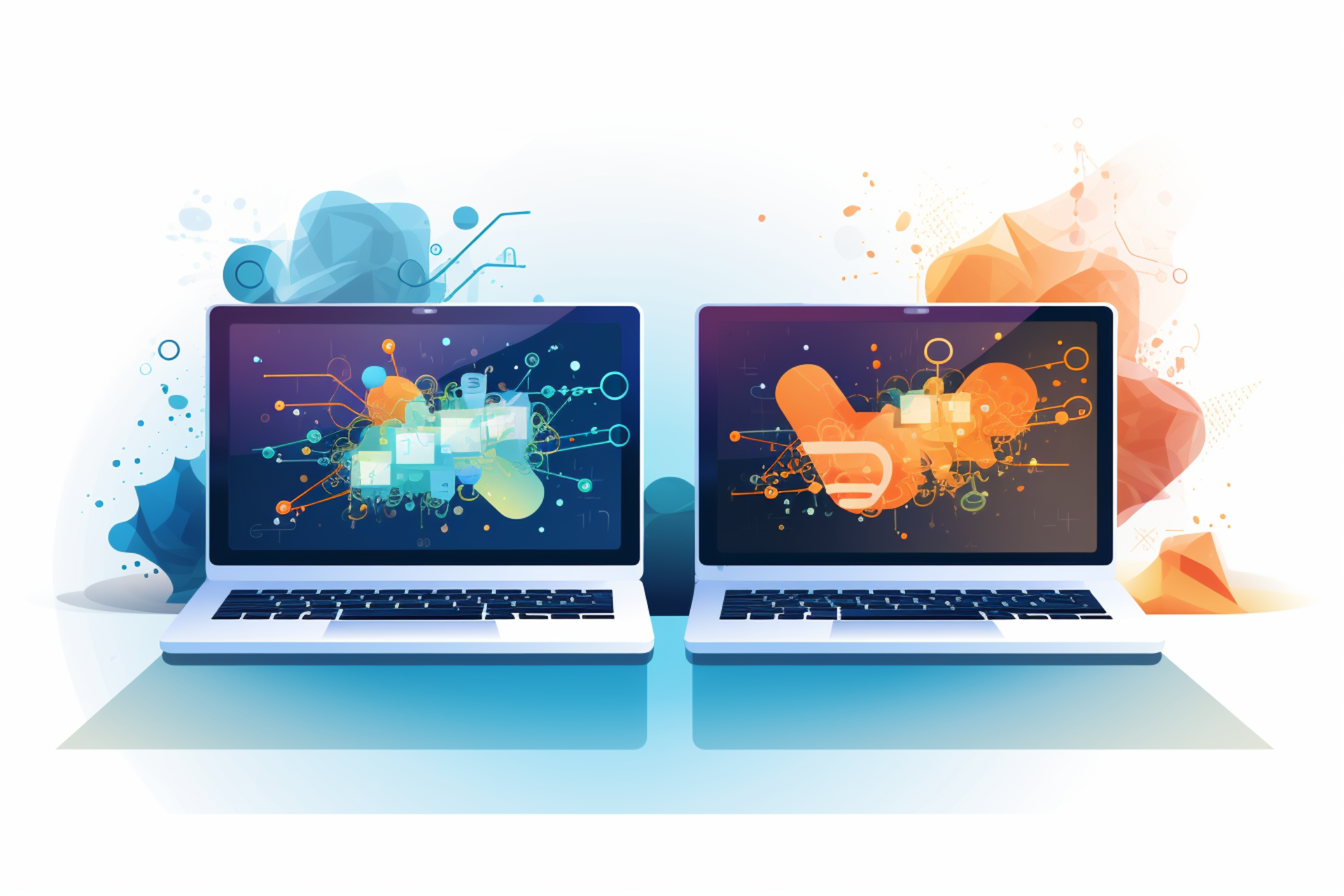 Two laptops displaying software interfaces overlaid with vibrant splashes of color, illustrated in an ethereal style with light blue and orange hues, featuring precisionist lines and shapes. The imagery evokes a cloudcore aesthetic with a touch of historical illustration, symbolizing intertwined networks.