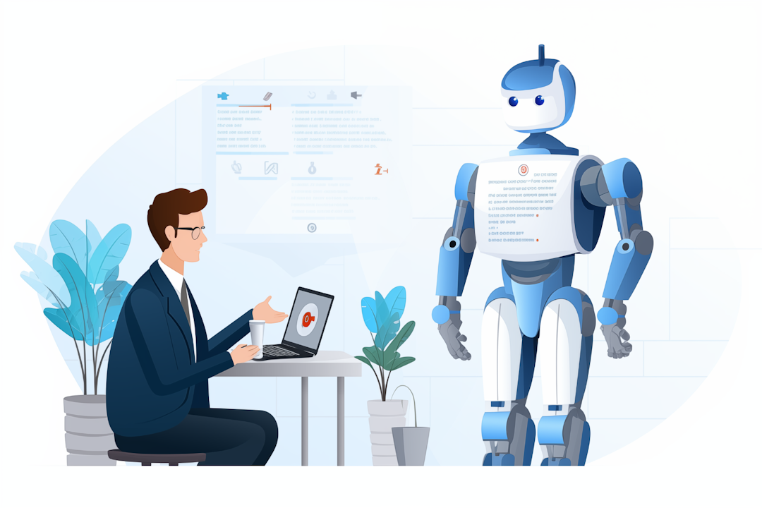 A human interacts with an office robot, depicted in a scientific illustration style that melds villagecore aesthetics. The composition is cast in light sky-blue and dark gray, with a website interface vibe. The illustration, reminiscent of academic works on paper, combines the precision of scholarly drawings with a color palette of light orange and silver.