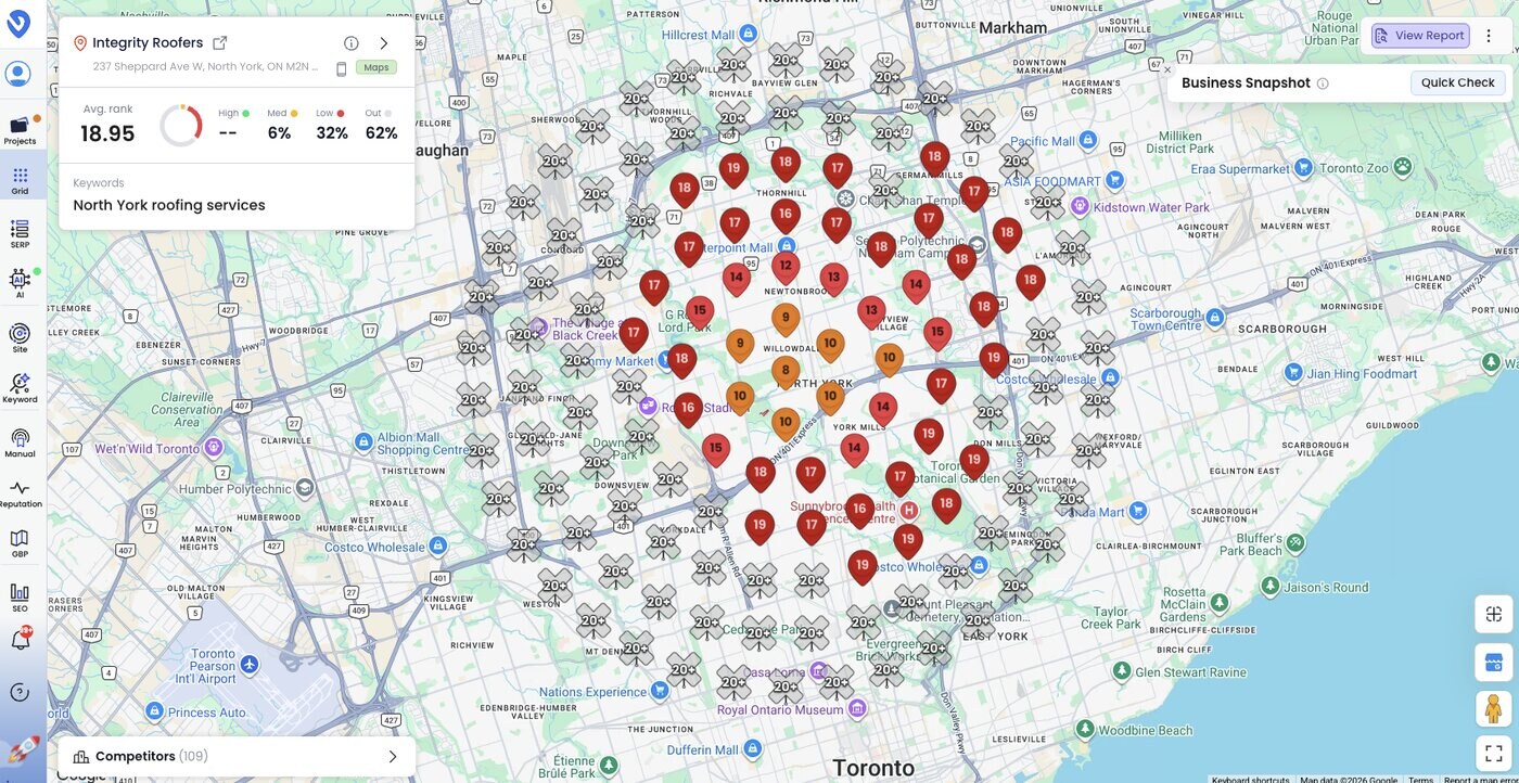 Before: Local Dominator scan for North York roofing services, average rank 18.95, no points in the top 3